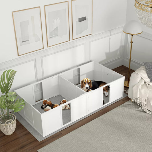 PawHut Veisimo dėžė šuniukams, dalijama į 2 skyrius, su akriliniu langeliu, 196 x 96 x 48 cm, balta