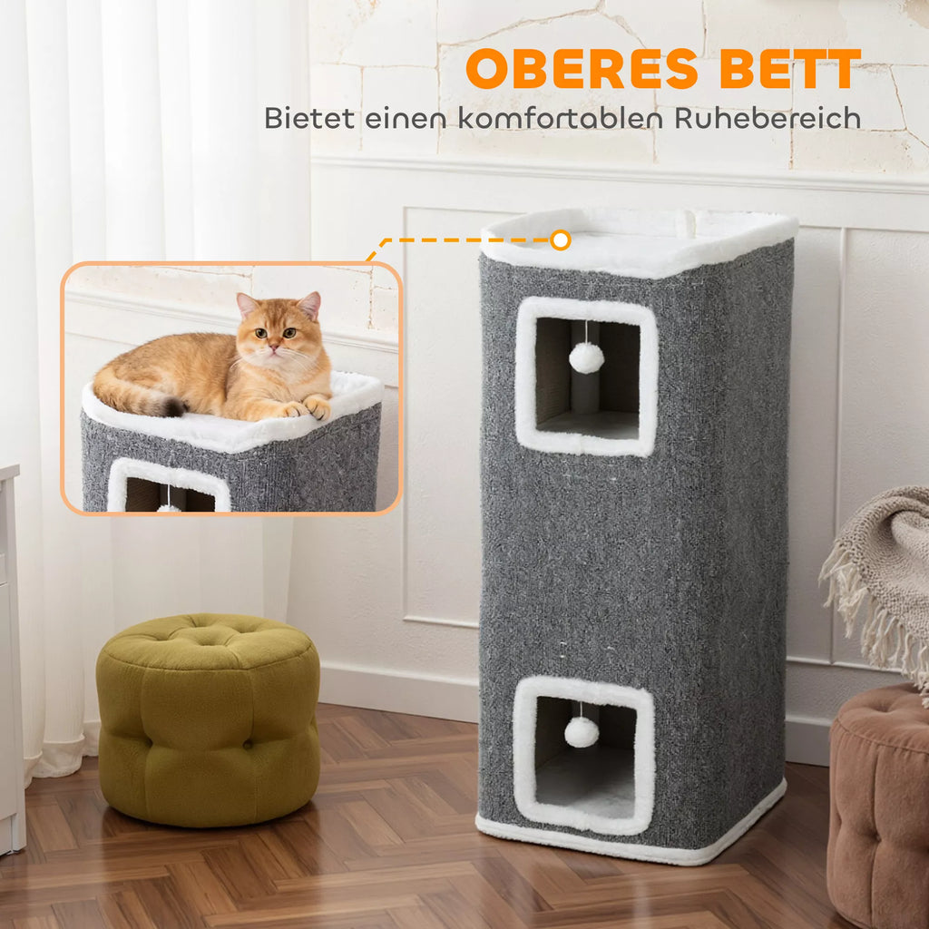 4 līmeņu kaķu tornis, skrāpējamais stabs ar 3 gultām, skaidu plāksne, rotaļu bumbiņas, pelēks