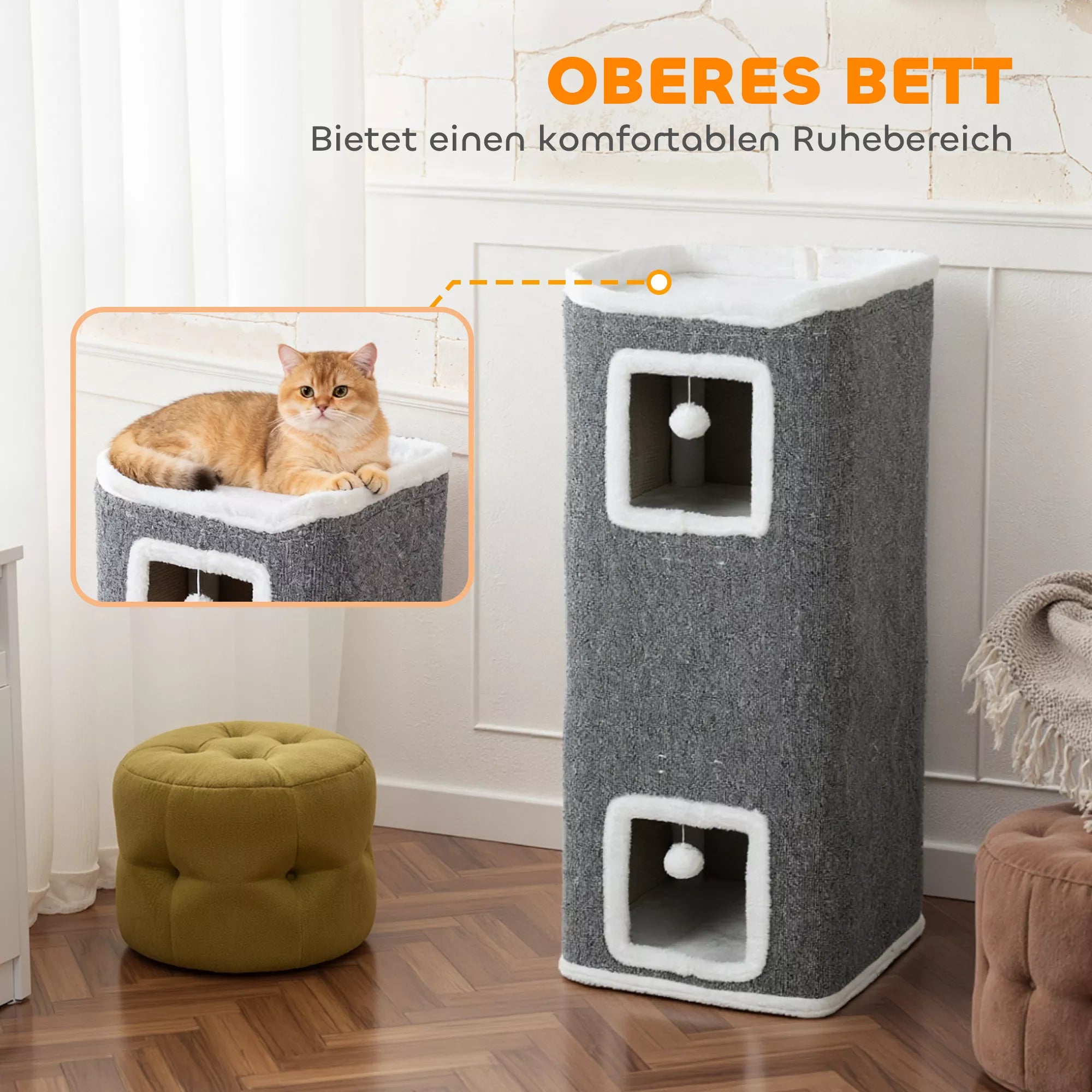 4 līmeņu kaķu tornis, skrāpējamais stabs ar 3 gultām, skaidu plāksne, rotaļu bumbiņas, pelēks