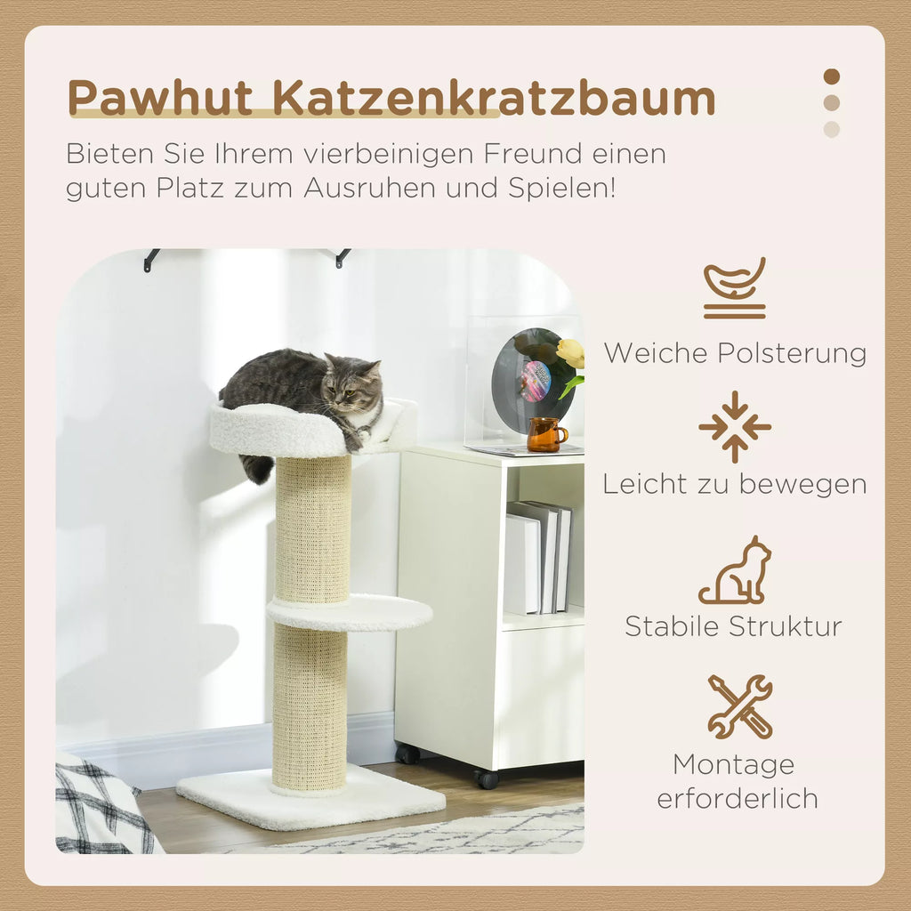 Kaķu skrāpis 91 cm ar guļvietu un platformu, klāts ar mākslīgo jēra vilnu, krēmkrāsas
