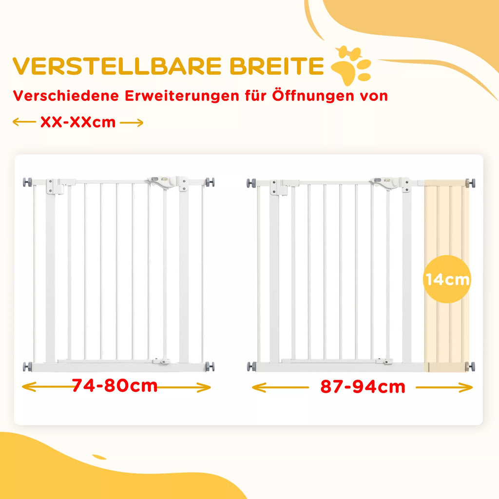 Suņu drošības vārtiņi, mājdzīvnieku žogs, metāla, plastmasas, 74-80/87-94 cm, balti