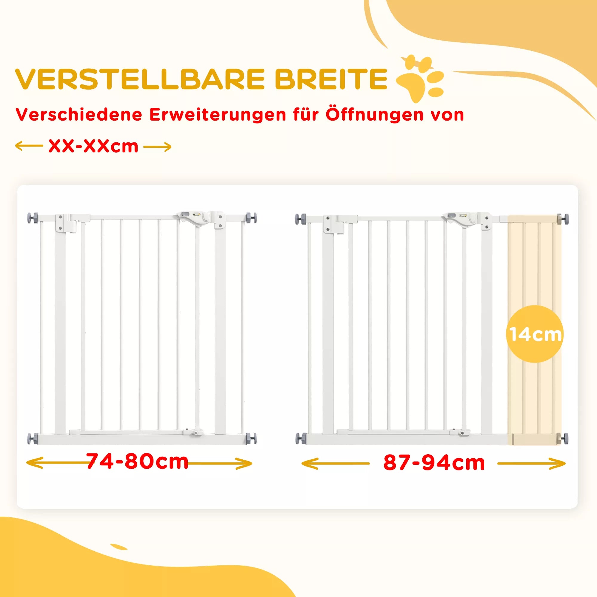 Suņu drošības vārtiņi, mājdzīvnieku žogs, metāla, plastmasas, 74-80/87-94 cm, balti
