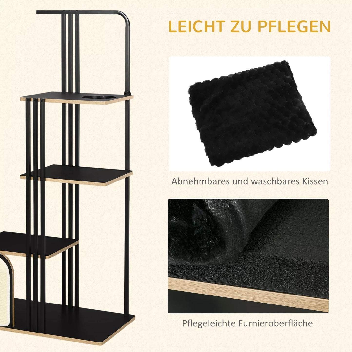 Kaķu māja, industriāls dizains, 3 platformas, 2 guļampapīri, skrāpējamā siena, tērauda rāmis, melna, 85 x 48 x 170 cm