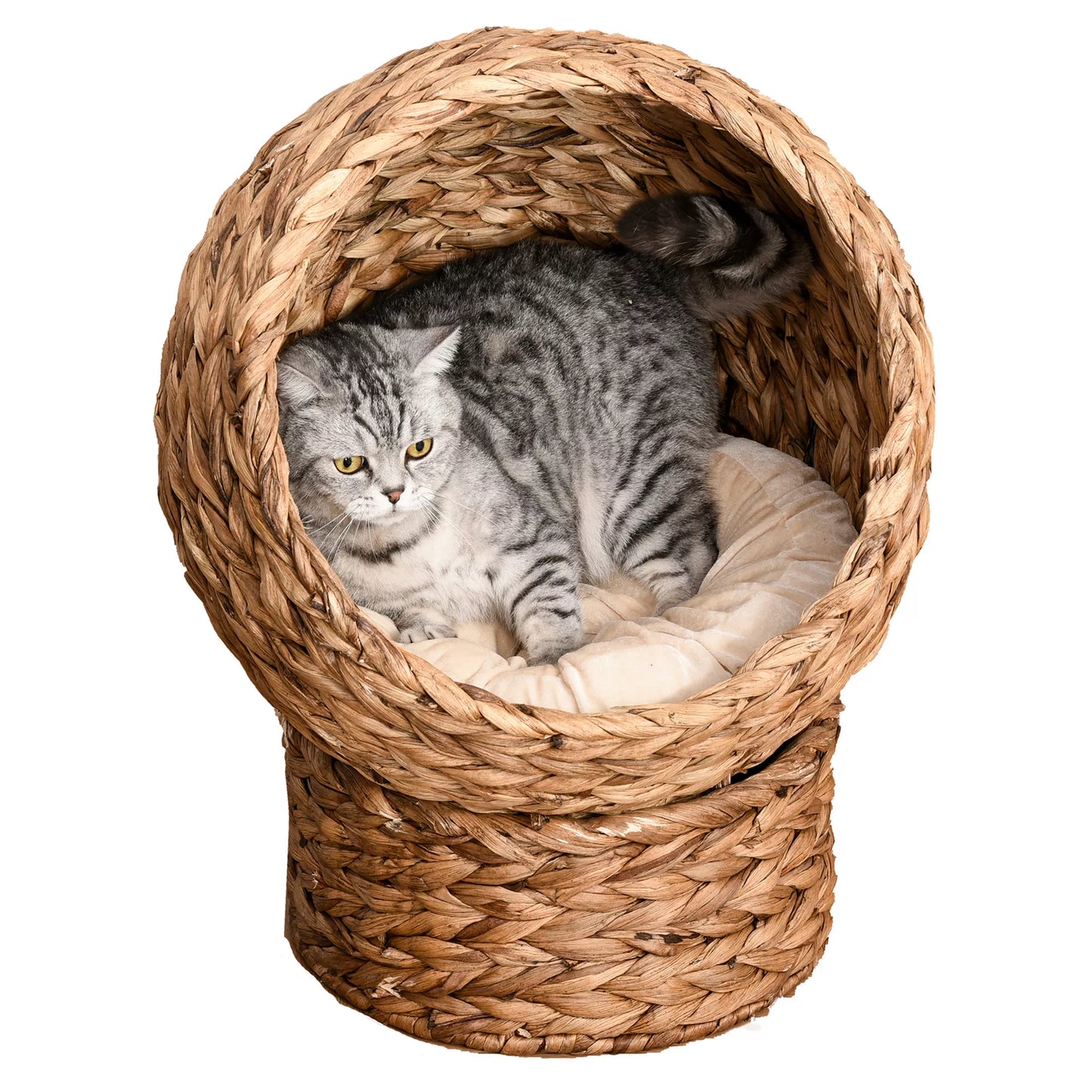 Rattan cat basket, cave, house, bed with cushion, pet bed, water hyacinth, brown, 50 x 42 x 60 cm