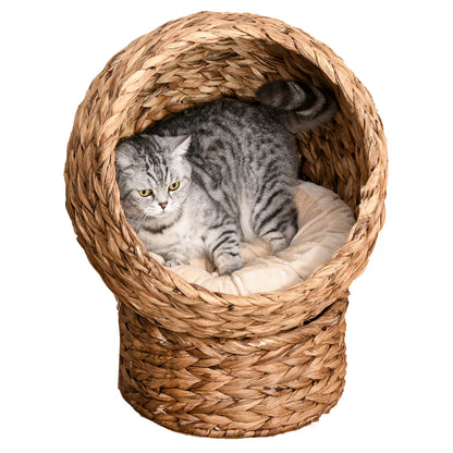 Rattan cat basket, cave, house, bed with cushion, pet bed, water hyacinth, brown, 50 x 42 x 60 cm