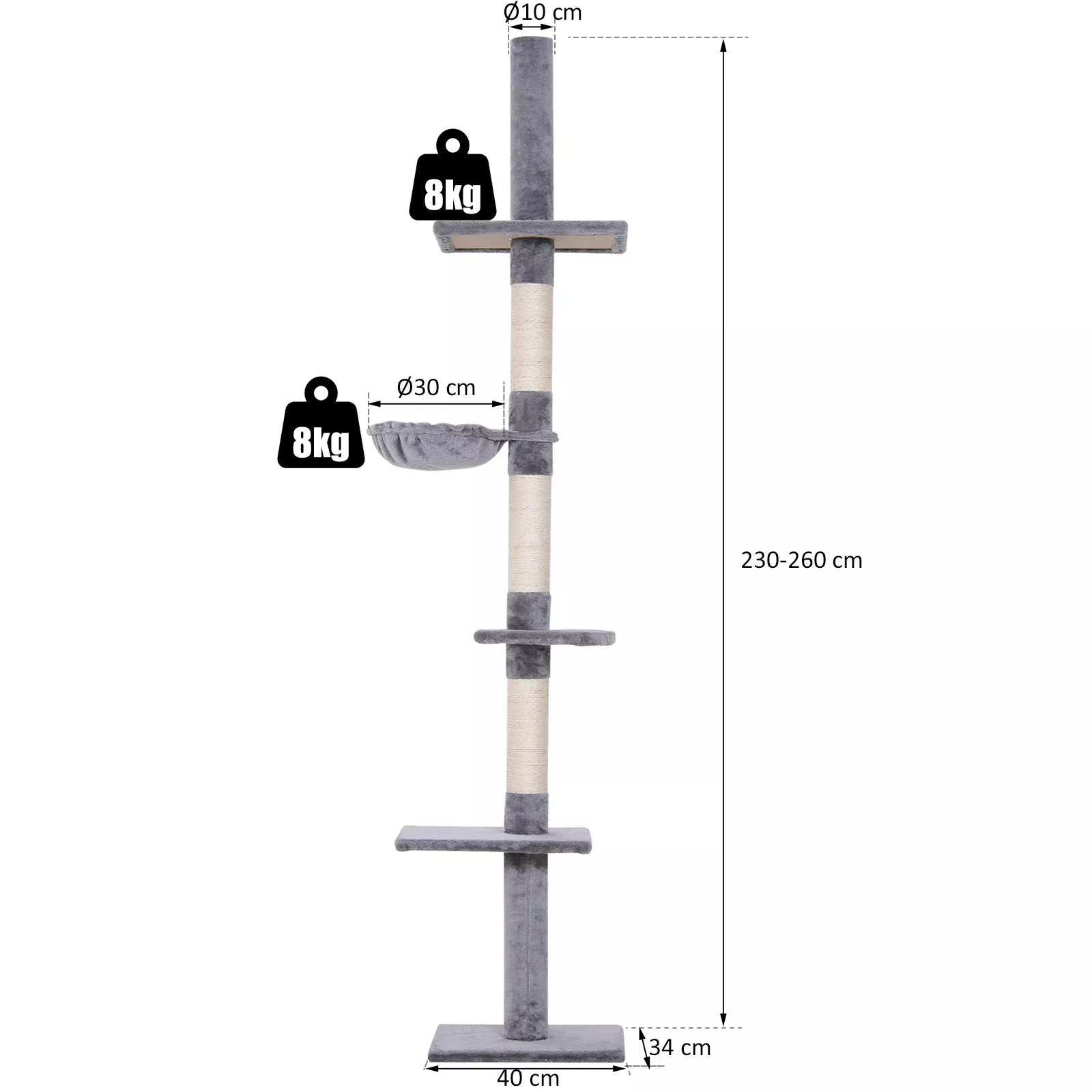 Kaķu māja līdz griestiem, regulējams augstums, stabils kaķu koks ar sizala stabiem, kaķu kāpšanas koks, pelēks, 40 x 34 x 230-260 cm