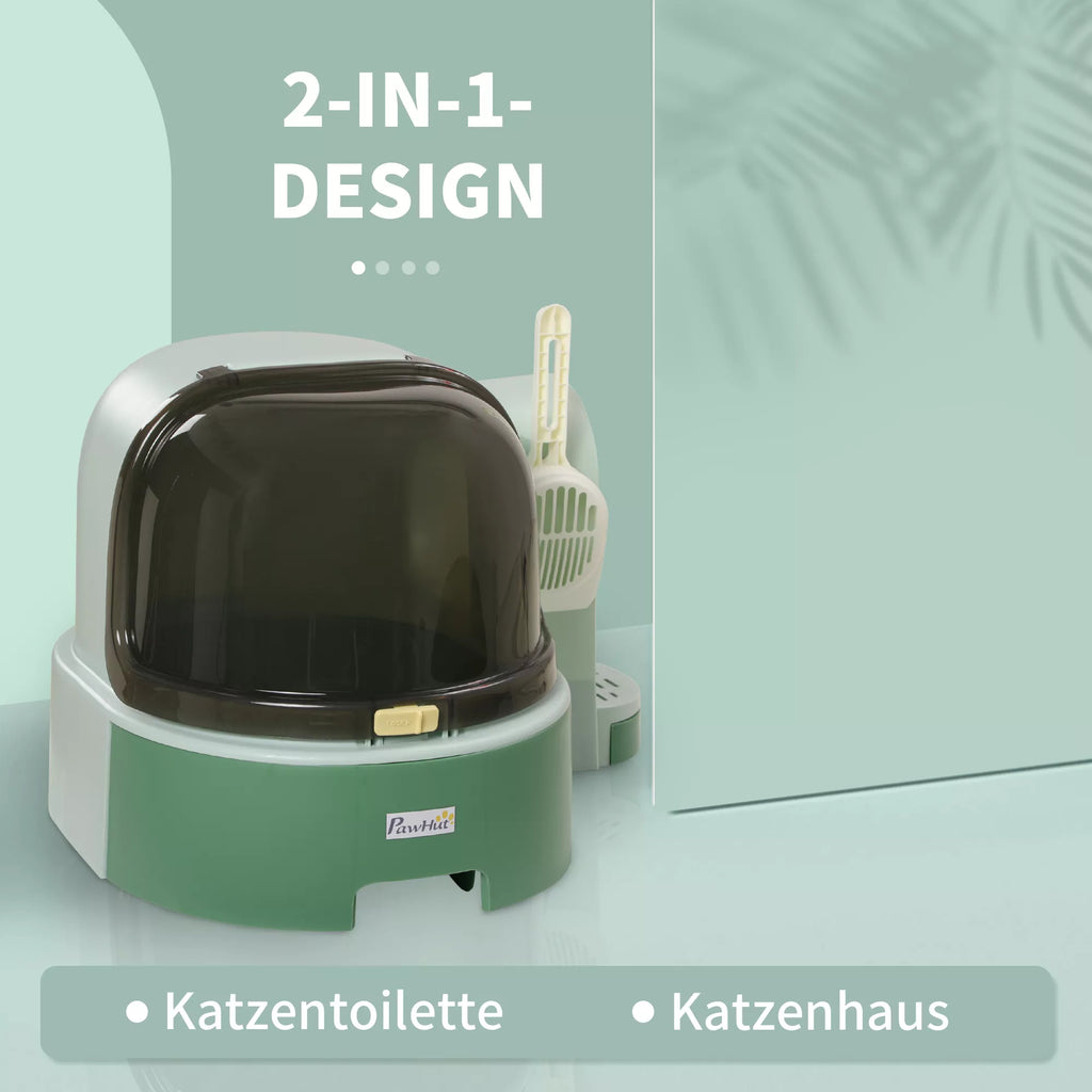 Kaķu tualete, 2 noņemamas apakšējās paplātes, 1 kausiņa, pakaišu savākšanas paplāte, noņemams pārsegs, zaļa + melna