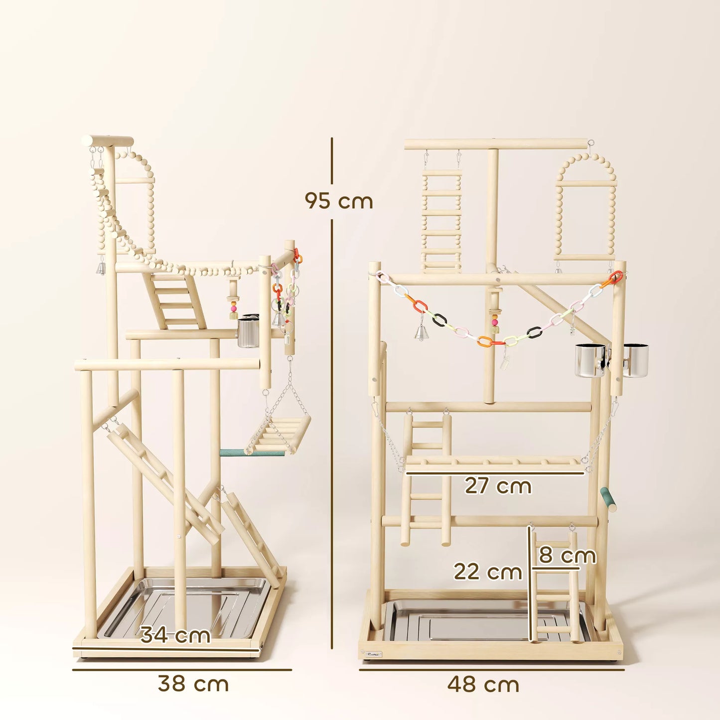 Paukščių stovas, paukščių stovų rinkinys, 4 lygiai, nerūdijančio plieno padėklas, žaislai, natūrali mediena