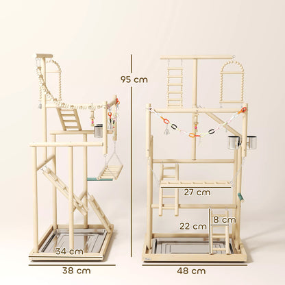 Paukščių stovas, paukščių stovų rinkinys, 4 lygiai, nerūdijančio plieno padėklas, žaislai, natūrali mediena