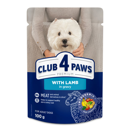 CLUB 4 PAWS Premium konservuotas ėdalas mažų veislių šunims su ėriena padaže 24x100 gr
