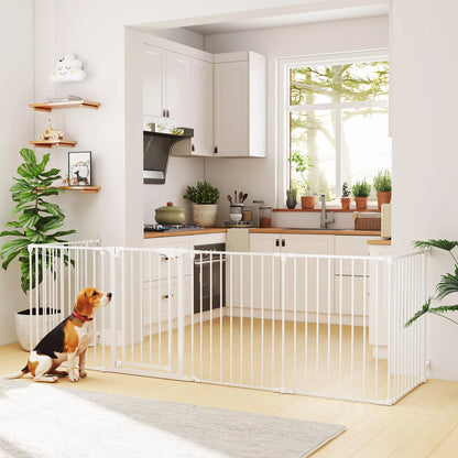 Pet Fence, 6 Panel Barrier with Door, Foldable, for Small and Medium Dogs, Plastic, Carbon Steel, White