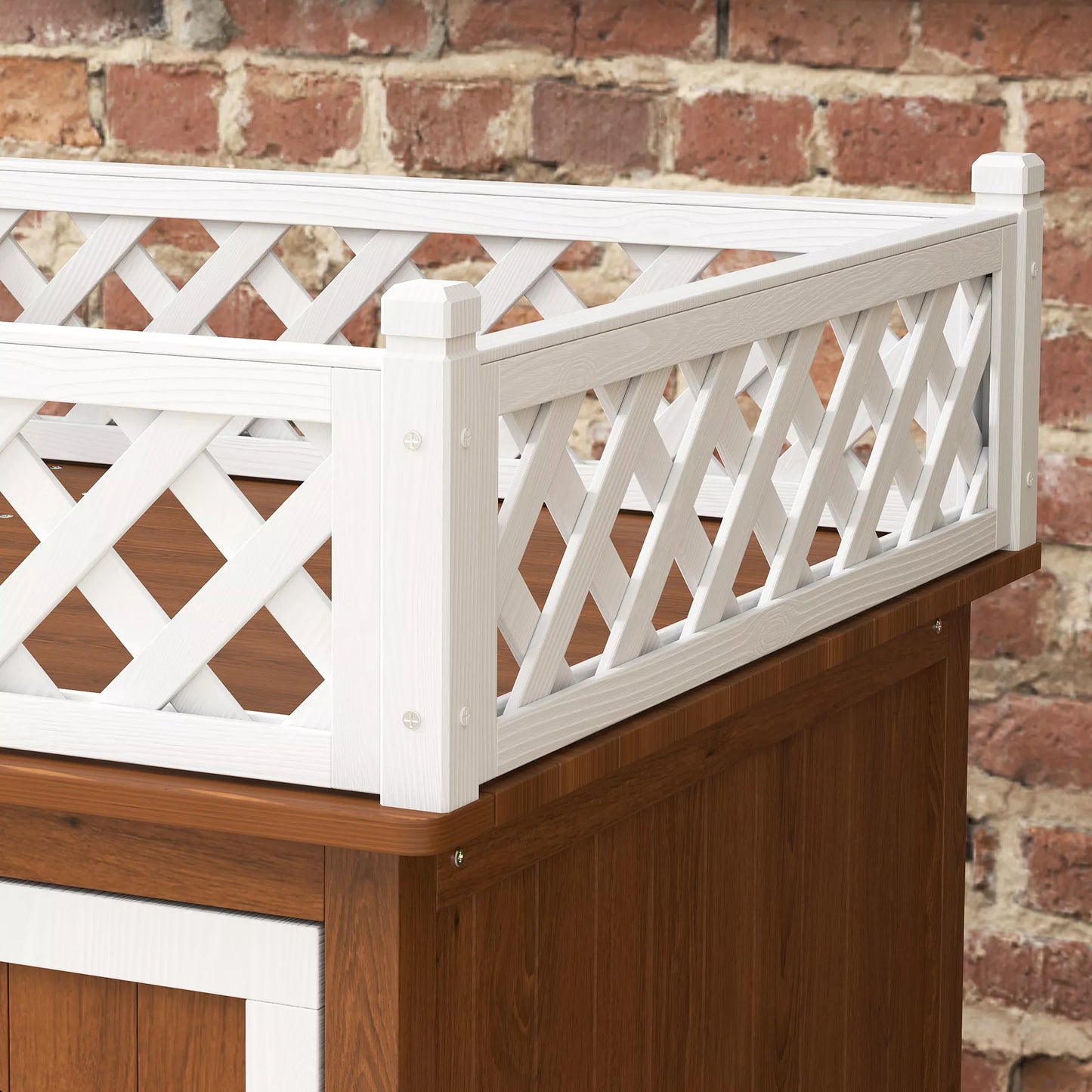 Kaķu māja, divstāvu, ar balkonu un kāpnēm, lietošanai iekštelpās un ārā, kaķiem un trušiem, egles koksne, brūna