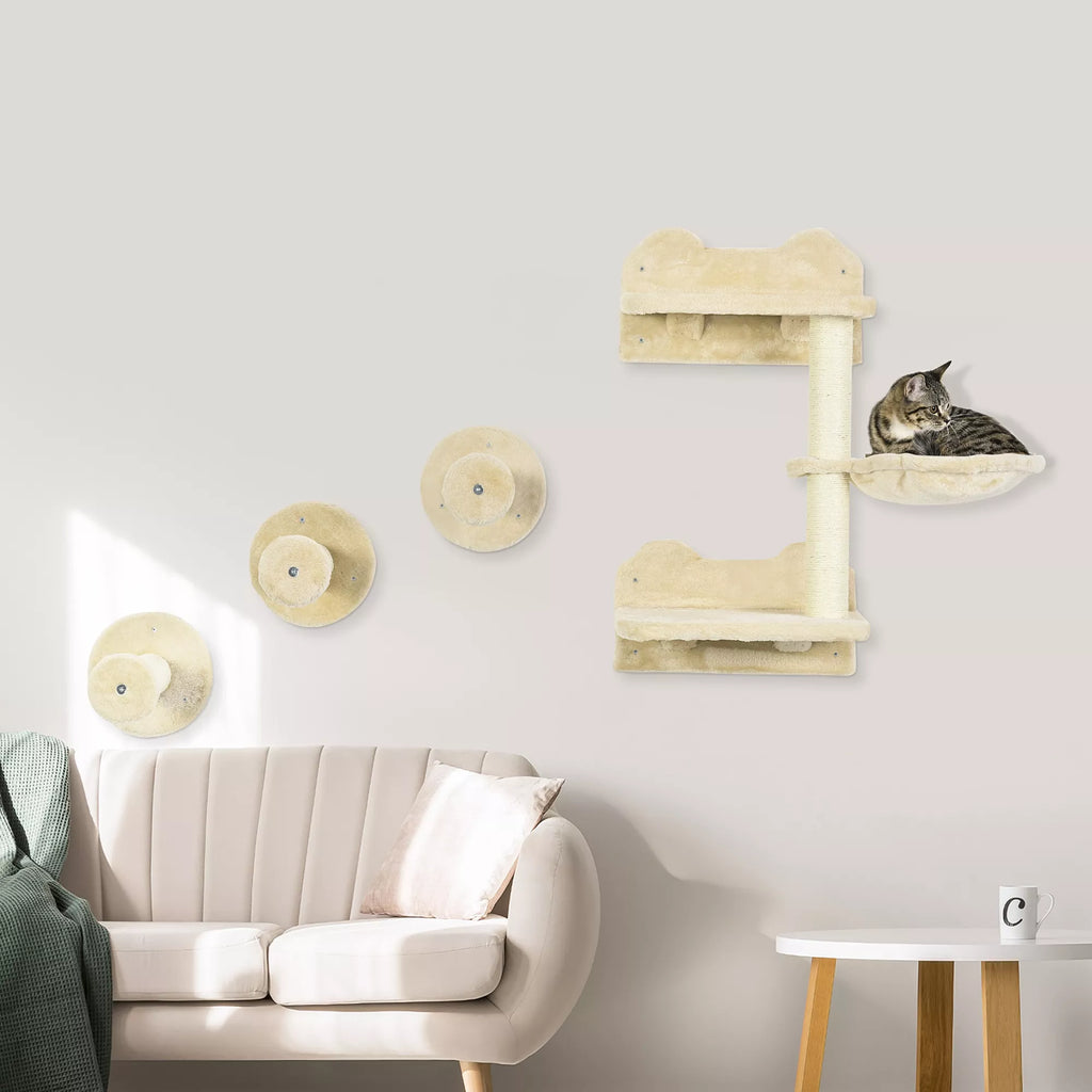 Kāpšanas pakāpieni, kāpšanas siena, kaķa pakāpieni, 4 daļu komplekts, ar skrāpējamo stabu, šūpuļtīkls, bēšs + krēmīgi balts, 40 x 28 x 73 cm