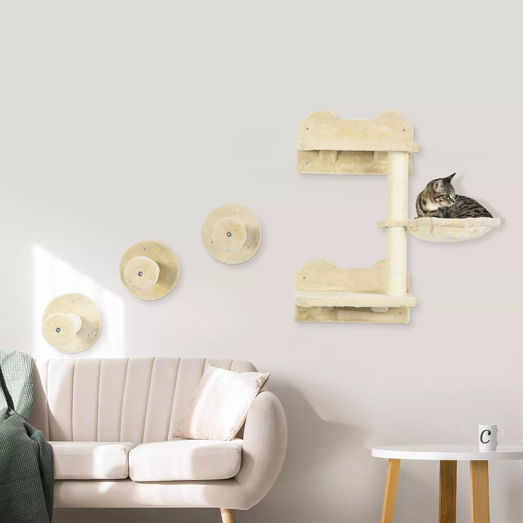 Kāpšanas pakāpieni, kāpšanas siena, kaķa pakāpieni, 4 daļu komplekts, ar skrāpējamo stabu, šūpuļtīkls, bēšs + krēmīgi balts, 40 x 28 x 73 cm