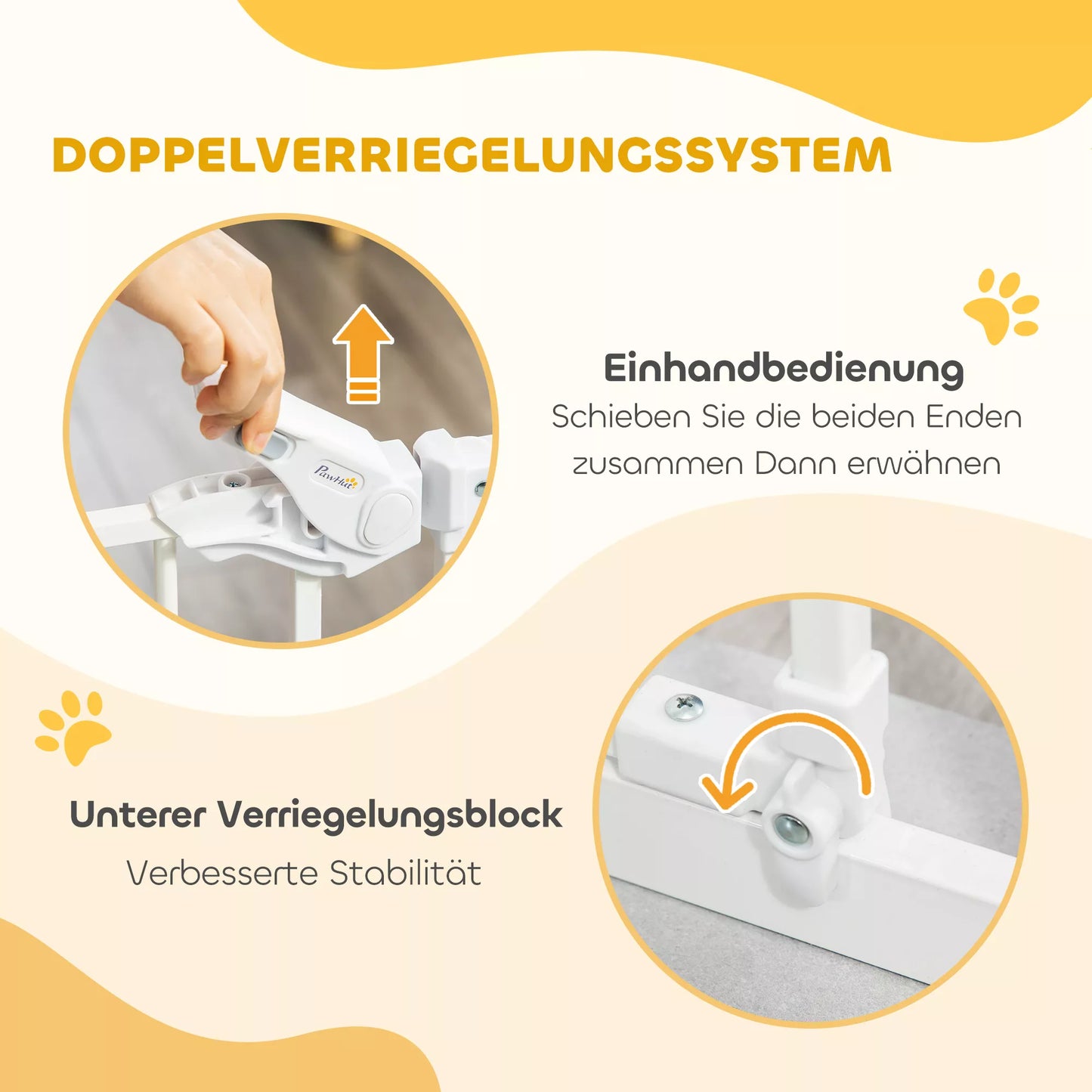 Drošības vārtiņi ar kaķu durvīm, uzstādīšana bez urbšanas, regulējams platums 74-80 cm, atveras ar vienu roku, metāla, balti