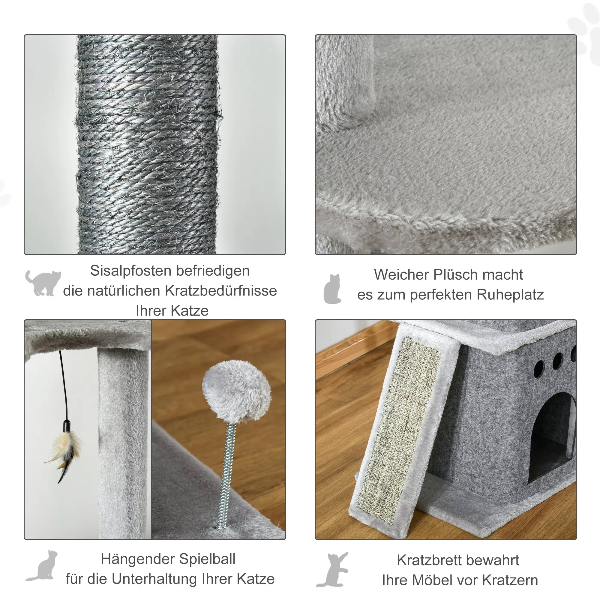 Kaķu skrāpēšanas stabs, griestu augstumā, ar rotaļlietām, sizala, plīša, gaiši pelēks, regulējams augstums, 60 x 40 x 225-255 cm