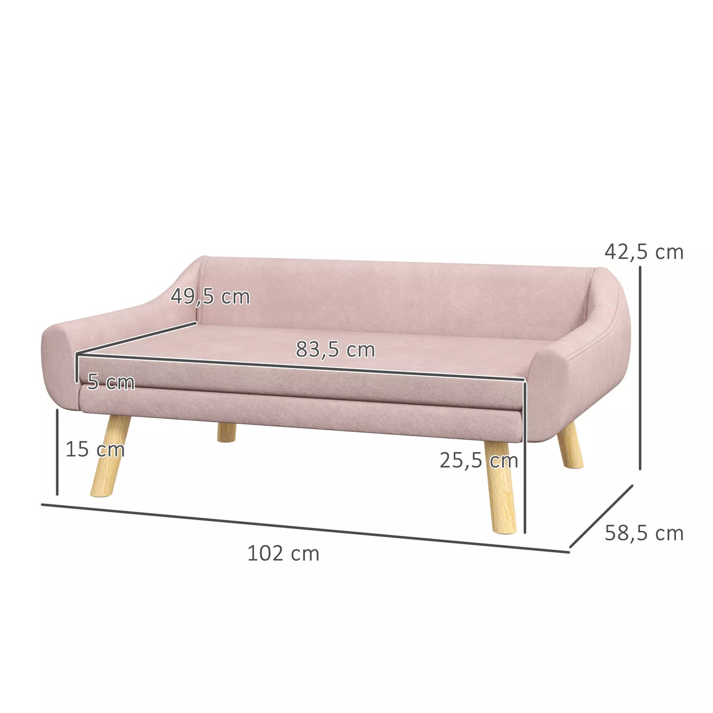 Gyvūnėlių sofa šuniukams, skandinaviško dizaino, su nuimama pagalvėle, veliūrinė išvaizda, 102 cm x 58,5 cm x 42,5 cm, rožinė + natūrali