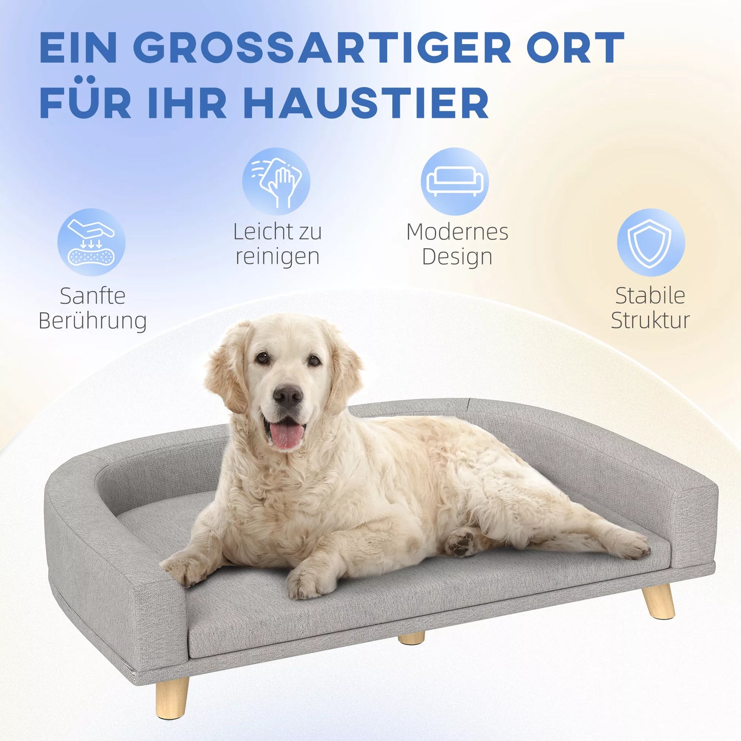 Suņu dīvāns lieliem suņiem līdz 30 kg, polsterēts, ar priedes koka kājām, 98 x 67 x 25 cm, pelēks
