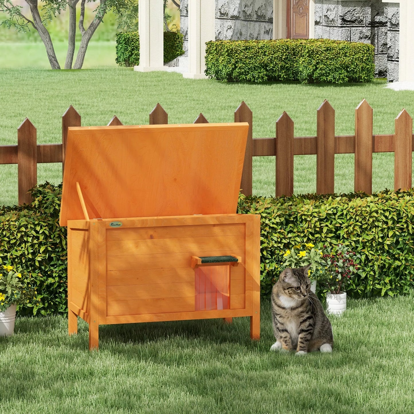 Outdoor cat house, cat hutch, weatherproof, 1 window, 1 entrance, 85 x 50 x 68.5 cm, Orange+Green