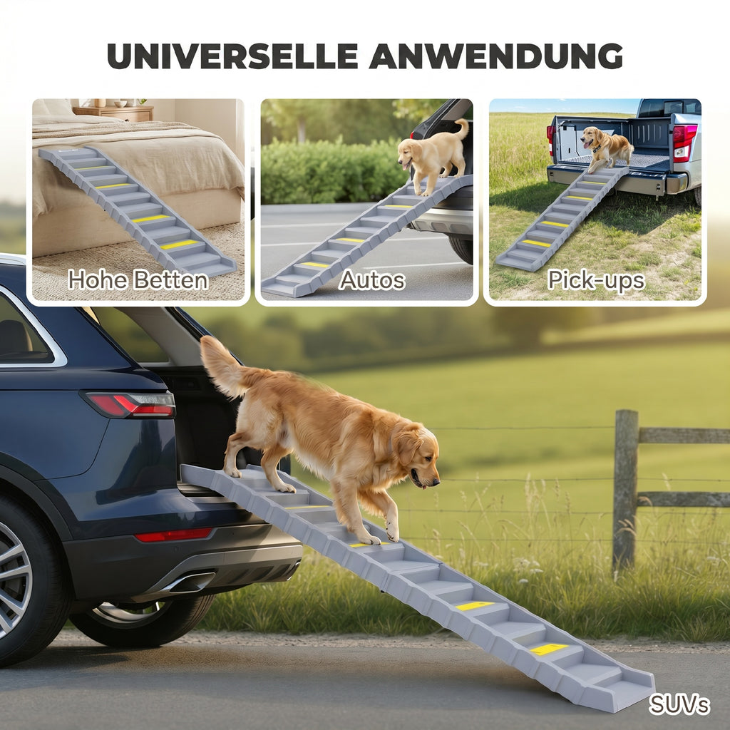 Rampa šunims į automobilį, sulankstoma, su 10 pakopų, 154x40 cm, iki 25 kg, pilka