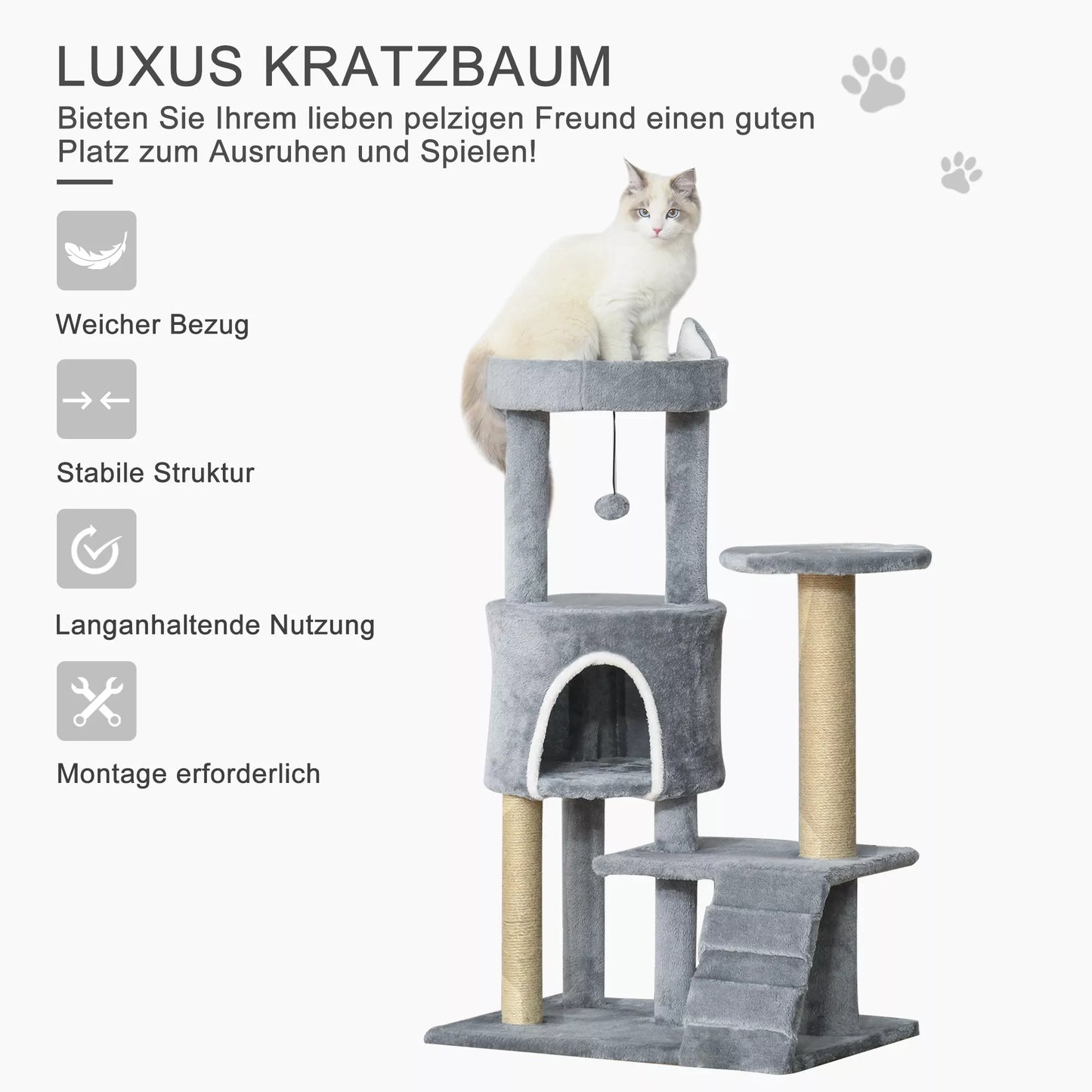 Katės draskyklė su kačių ola, kopėtėlėmis, aukštis 100 cm, medelis katėms, medžio drožlių plokštė, džiutas, pilkos spalvos, 60 x 40 x 100 cm