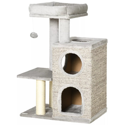 Cat tree with cat cave, cat bed and ball toy, 60 cm x 40 cm x 91 cm, light gray + natural