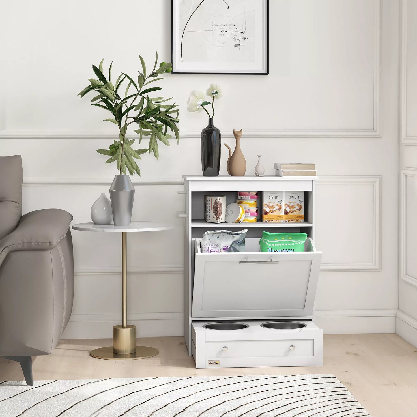 Maitinimo stotelė augintiniams, laikymo spintelė naminių gyvūnėlių reikmenims, su dubenėliais, kabliukais pavadėliams, MDF, balta.