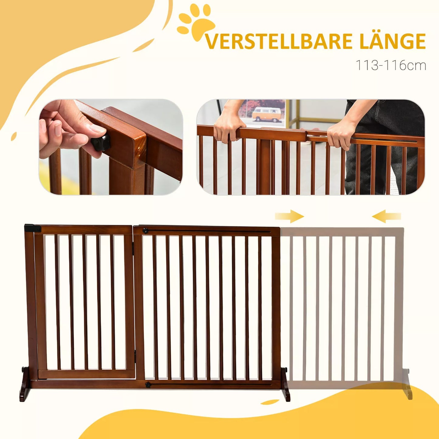 Suņu drošības barjera, durvju drošības režģis, koka drošības režģis, brīvi stāvošs suņu režģis ar durvīm, suņu bloķēšanas režģis, konfigurējams režģis kamīnam un krāsnij, brūns, 113-166 x 36 x 71 cm