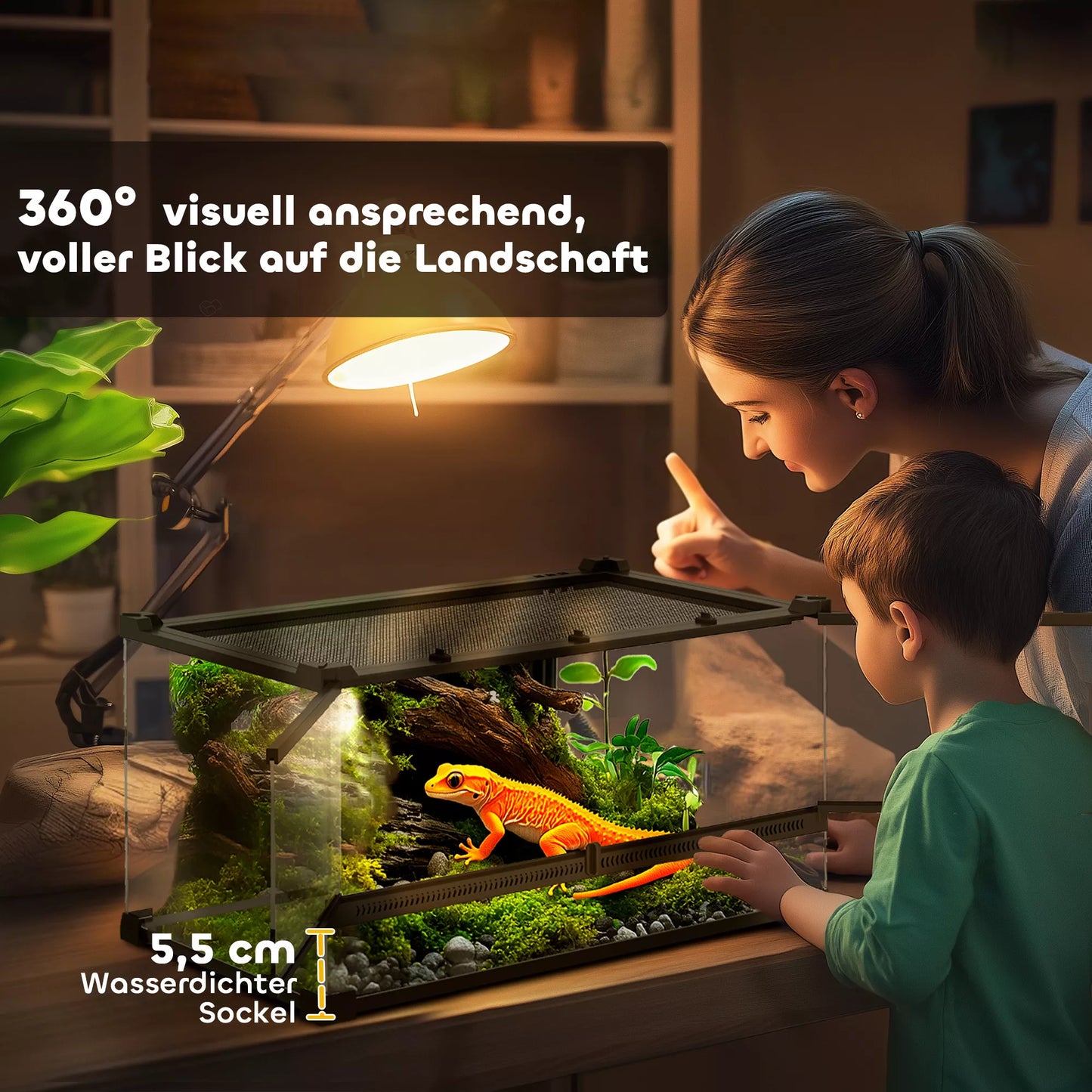 Stikla terārijs rāpuļiem, paaugstināts un ūdensnecaurlaidīgs dibens, sprādzes aizdare