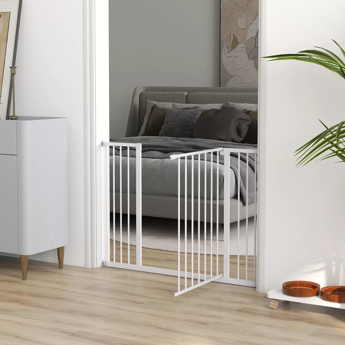 Drošības vārti durvīm, kāpņu drošības vārti bez urbšanas, suņu vārti, drošības vārti mājdzīvniekiem, suņu vārti, stiprinājums ar skavu, metāla, balti, 76-107 x 76 cm