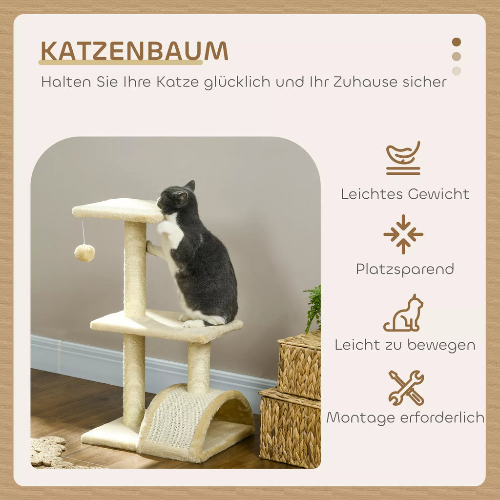 Kačių medis 72 cm, kačių bokštas su pliušiniais kamuoliukais, sizaliniais stulpeliais, platforma, draskykle, kreminės baltos spalvos