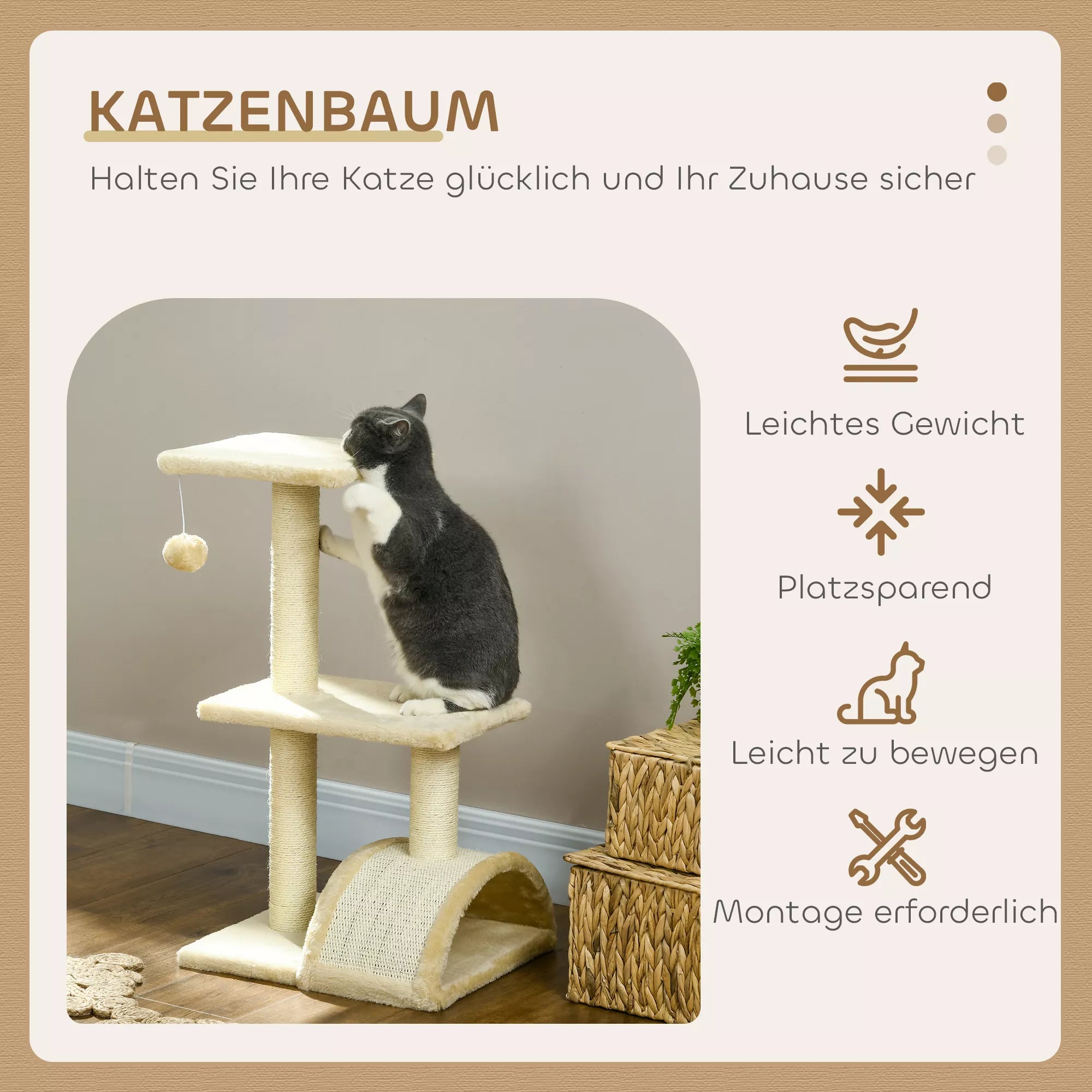 Kačių medis 72 cm, kačių bokštas su pliušiniais kamuoliukais, sizaliniais stulpeliais, platforma, draskykle, kreminės baltos spalvos
