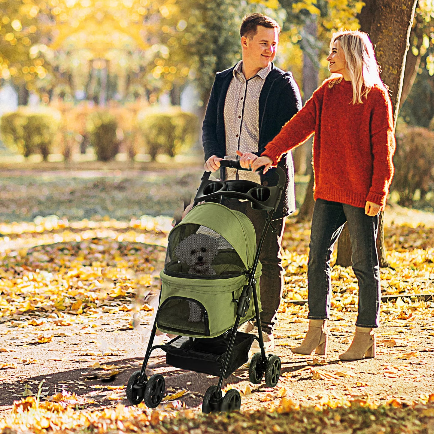 Šunų vežimėlis, sulankstomas, 2 saugos pavadėliai, 2 puodelių laikikliai, 67 x 45 x 96 cm, Chaki