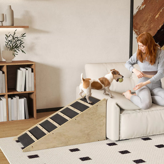 PawHut mājdzīvnieku pakāpieni, suņu pakāpieni, priedes koks, neslīdošs pārklājums, 90 cm x 40 cm x 45 cm, dabīgs + pelēks