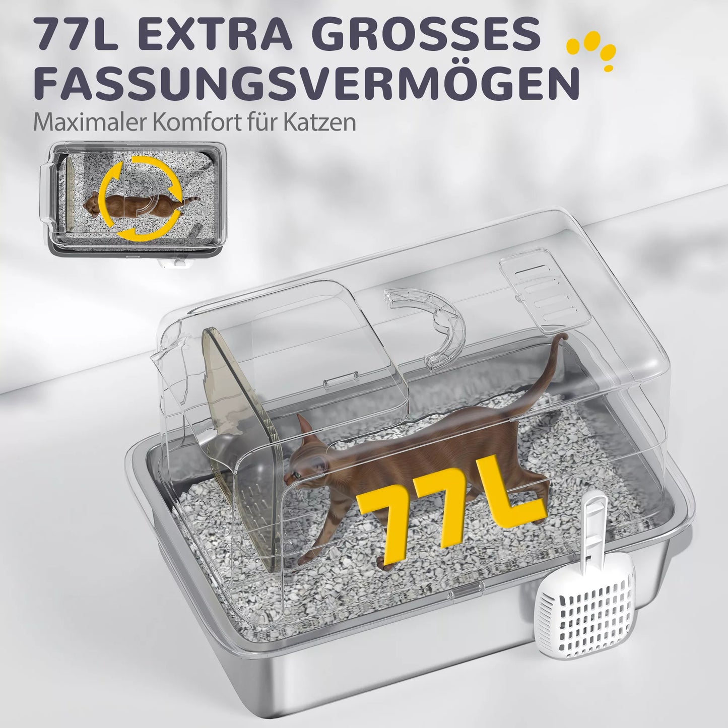 Katės tualetas, nerūdijančio plieno dugnas, filtras, kaušelis, katėms iki 6 kg, 40,5 x 60,5 x 41,5 cm, Balta/Sidabrinė