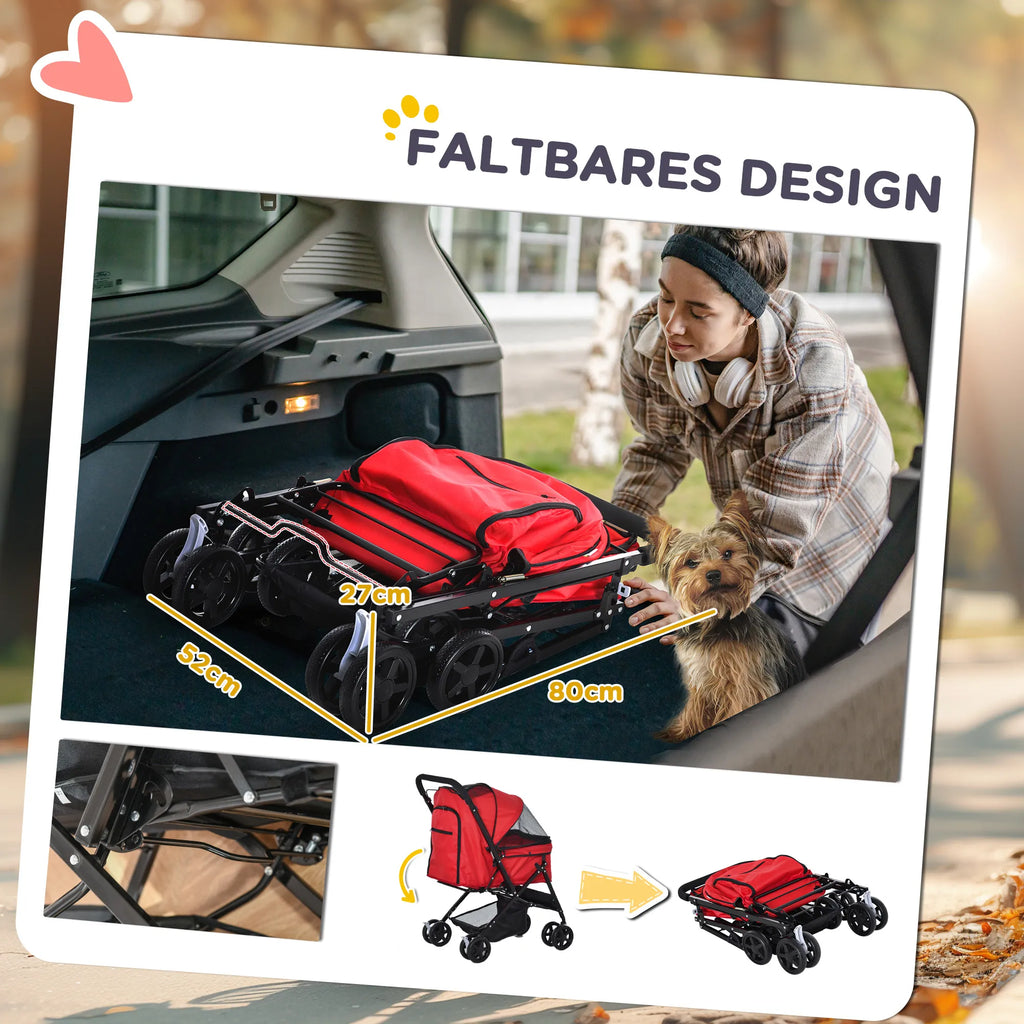 Suņu ratiņi līdz 10 kg, saliekami, ar regulējamu jumtiņu, Oksfordas sarkani, 76,5 x 52 x 95 cm