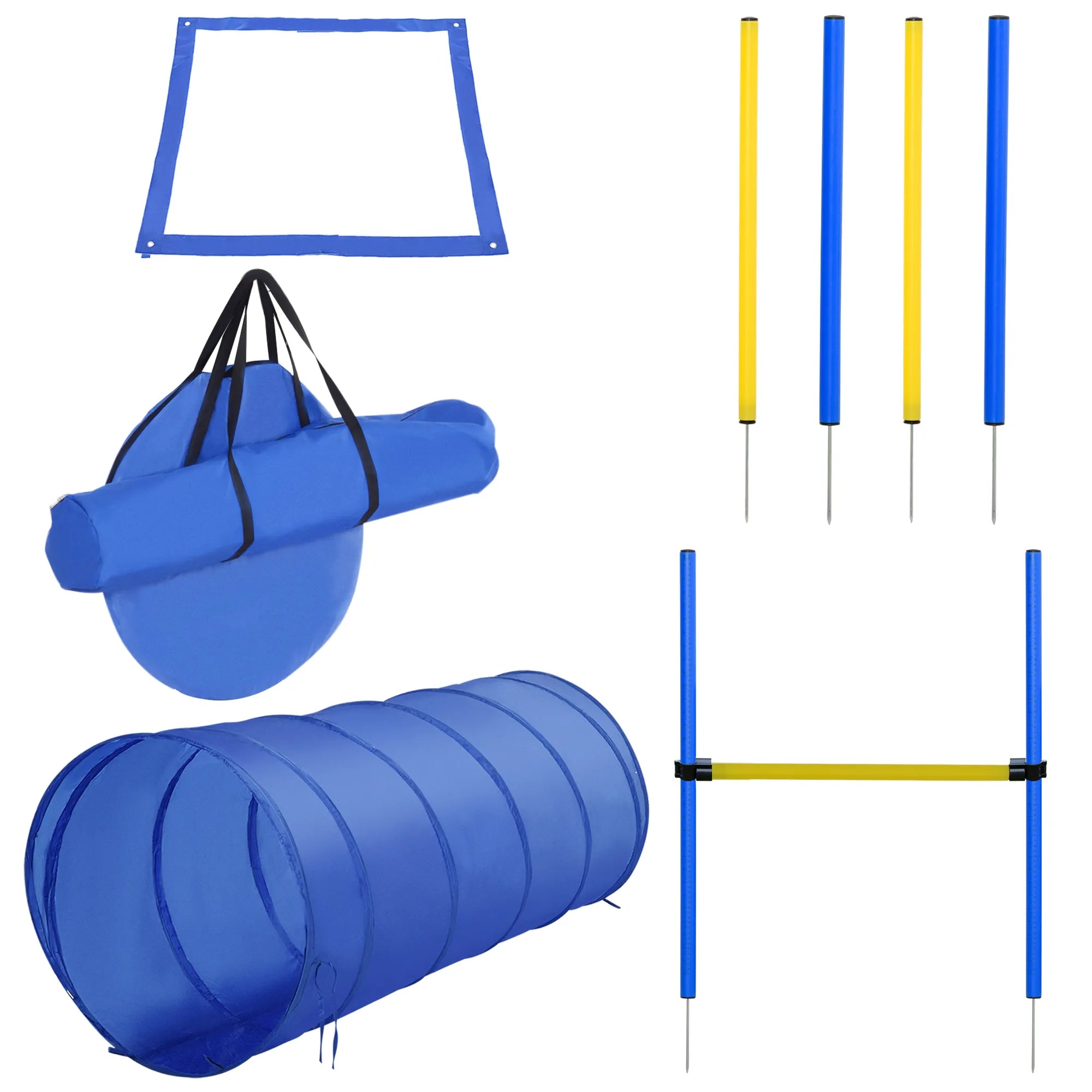 Agility rinkinys šunims, 5 dalių agility įranga šunų dresūrai, šuolių barjerų rinkinys su šunų tuneliu, 4 aukščio reguliuojami slalomstulpeliai, barjerai, pauzės dėžutė, nešiojimo krepšys – Agility rinkinys žaidimams ir dresūrai