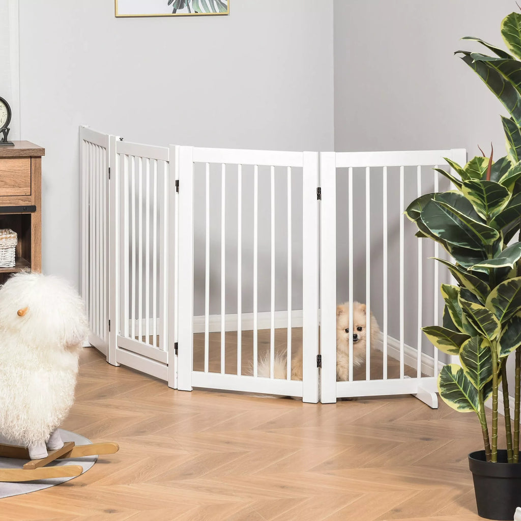 Šunų užtvaras 4 dalių, 204 x 75 cm Sulankstomi apsauginiai varteliai su durelėmis, Laisvai pastatomi šunų varteliai su 2 atraminėmis kojelėmis, Mediniai varteliai laiptams, koridoriui, virtuvei, balti
