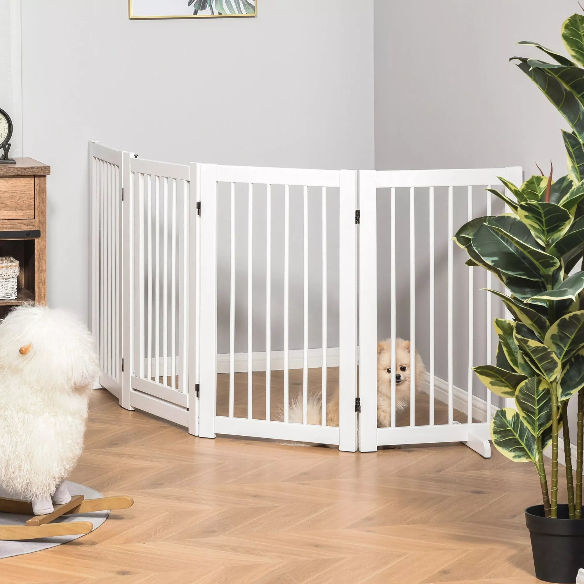 Šunų užtvaras 4 dalių, 204 x 75 cm Sulankstomi apsauginiai varteliai su durelėmis, Laisvai pastatomi šunų varteliai su 2 atraminėmis kojelėmis, Mediniai varteliai laiptams, koridoriui, virtuvei, balti