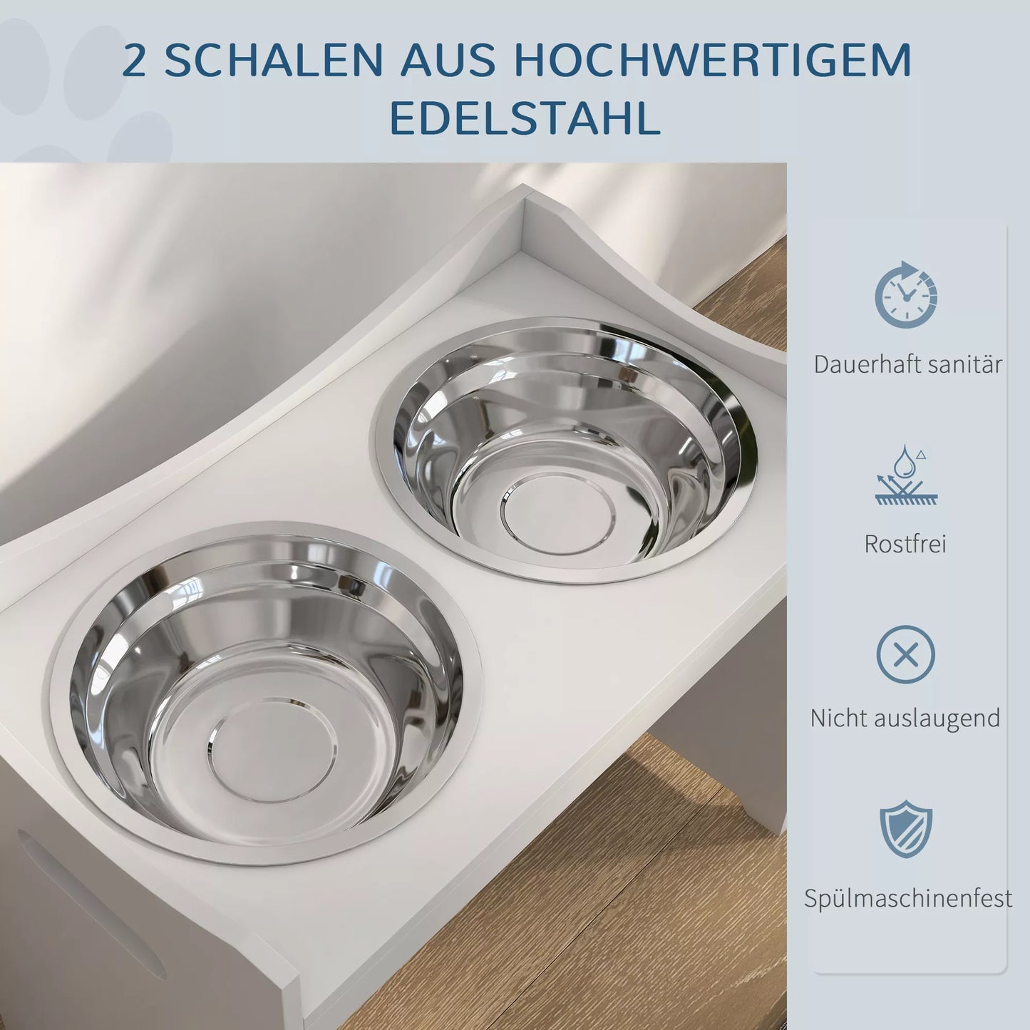 Suņu barības stacija, 2 nerūsējošā tērauda bļodas, regulējams augstums, 54x31,5x47cm, balta