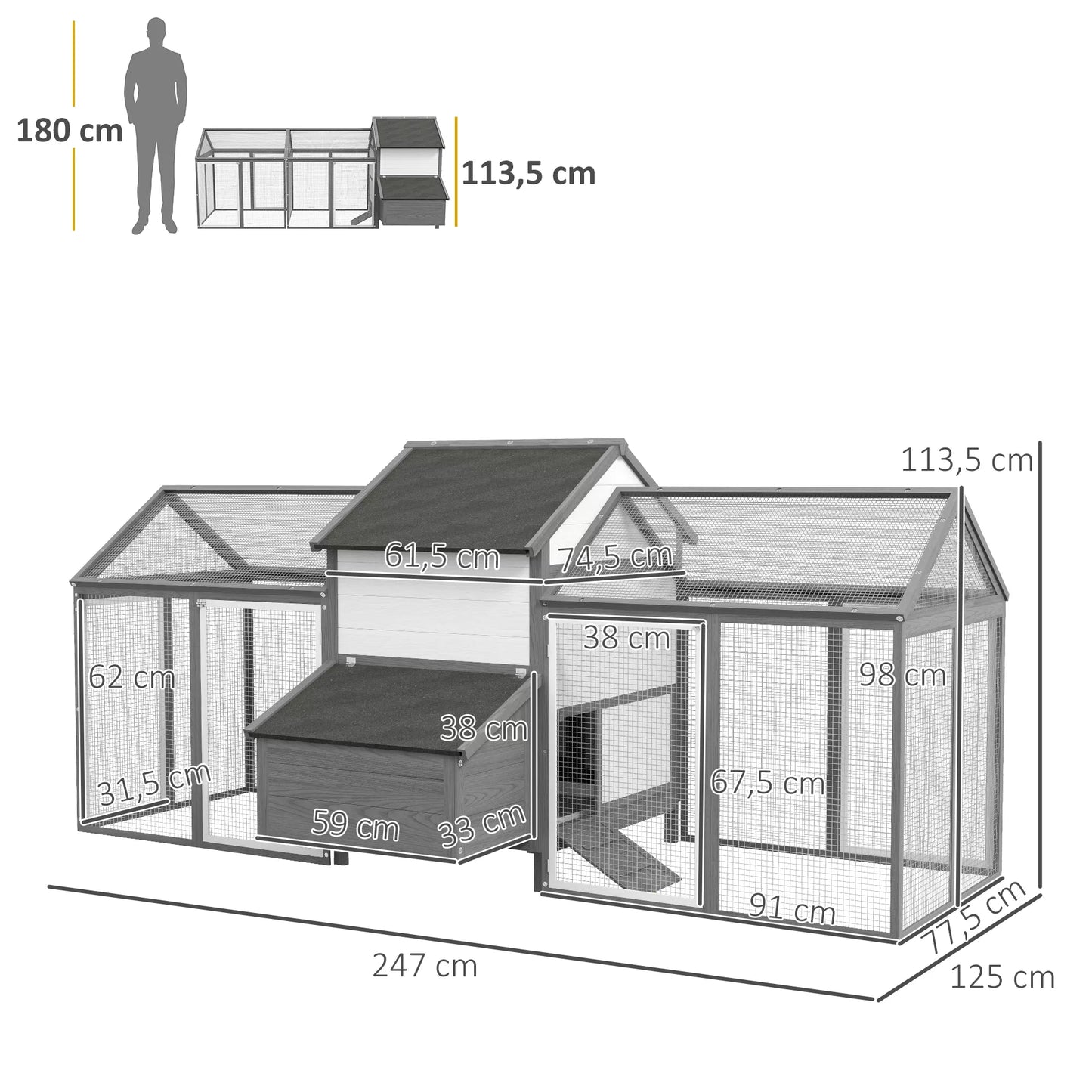 Vistu kūts maziem dzīvniekiem, 2 āra aploki, 1 ligzda, 2 rampas, asfalta jumts, laikapstākļiem izturīgs, pelēks