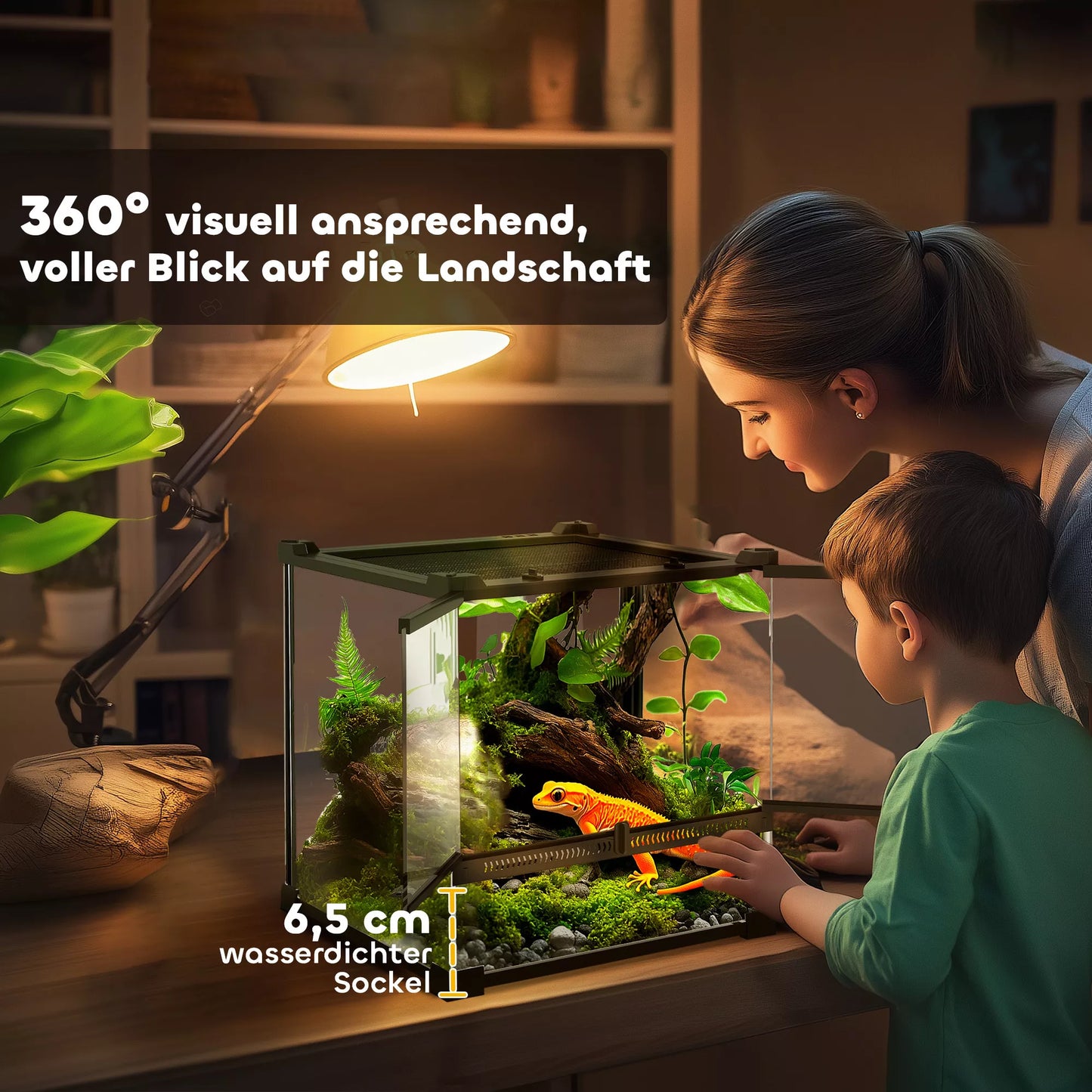 Stiklinis terariumas ropliams, paaukštintas ir vandeniui atsparus dugnas, sagties užraktas