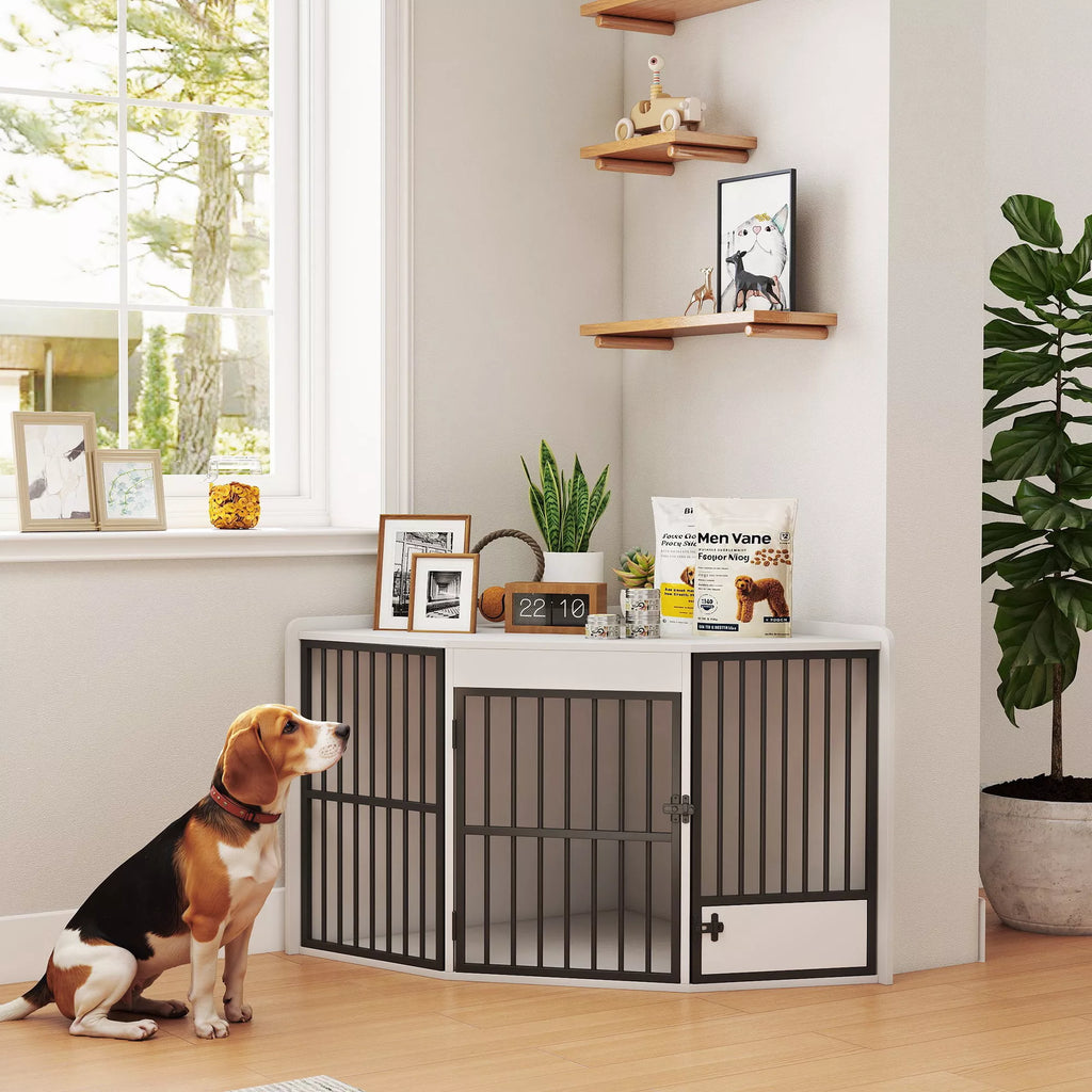 Suņu būris, uzglabāšanas vieta maziem un vidēja lieluma suņiem, mājdzīvnieku uzglabāšanas kaste, barošanas durvis, MDF, metāls, balta