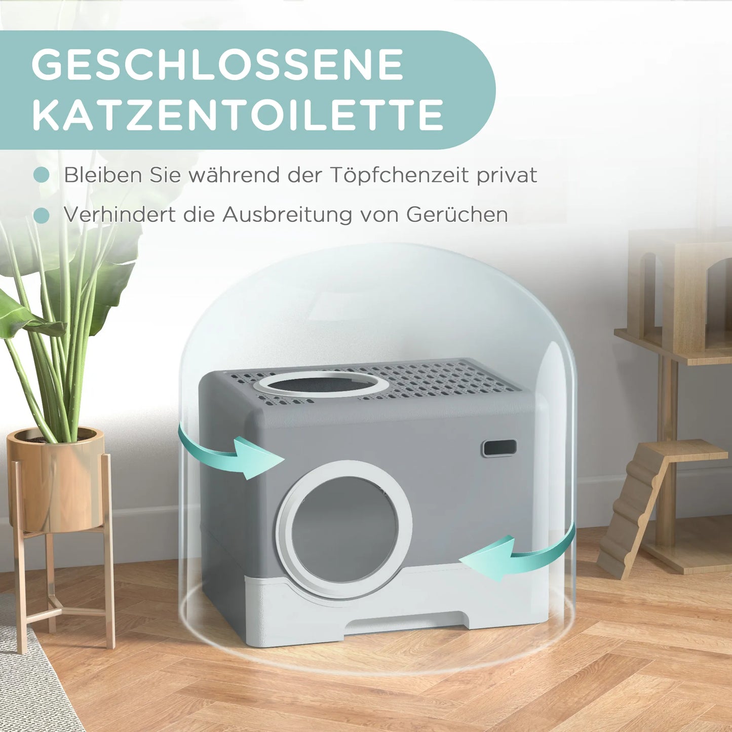 Kaķu pakaišu kaste, 2 izvadi, noņemams apakšējais paliktnis, 52 x 41 x 38,5 cm, pelēka