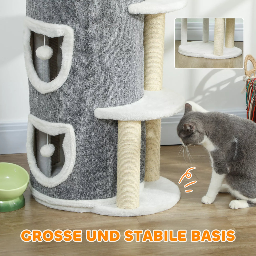101 cm kaķu tornis, 3 līmeņi, 3 guļamvietas, rotaļu bumbiņas, skrāpējamais stabs, sizala materiāls, skaidu plāksne, pelēks