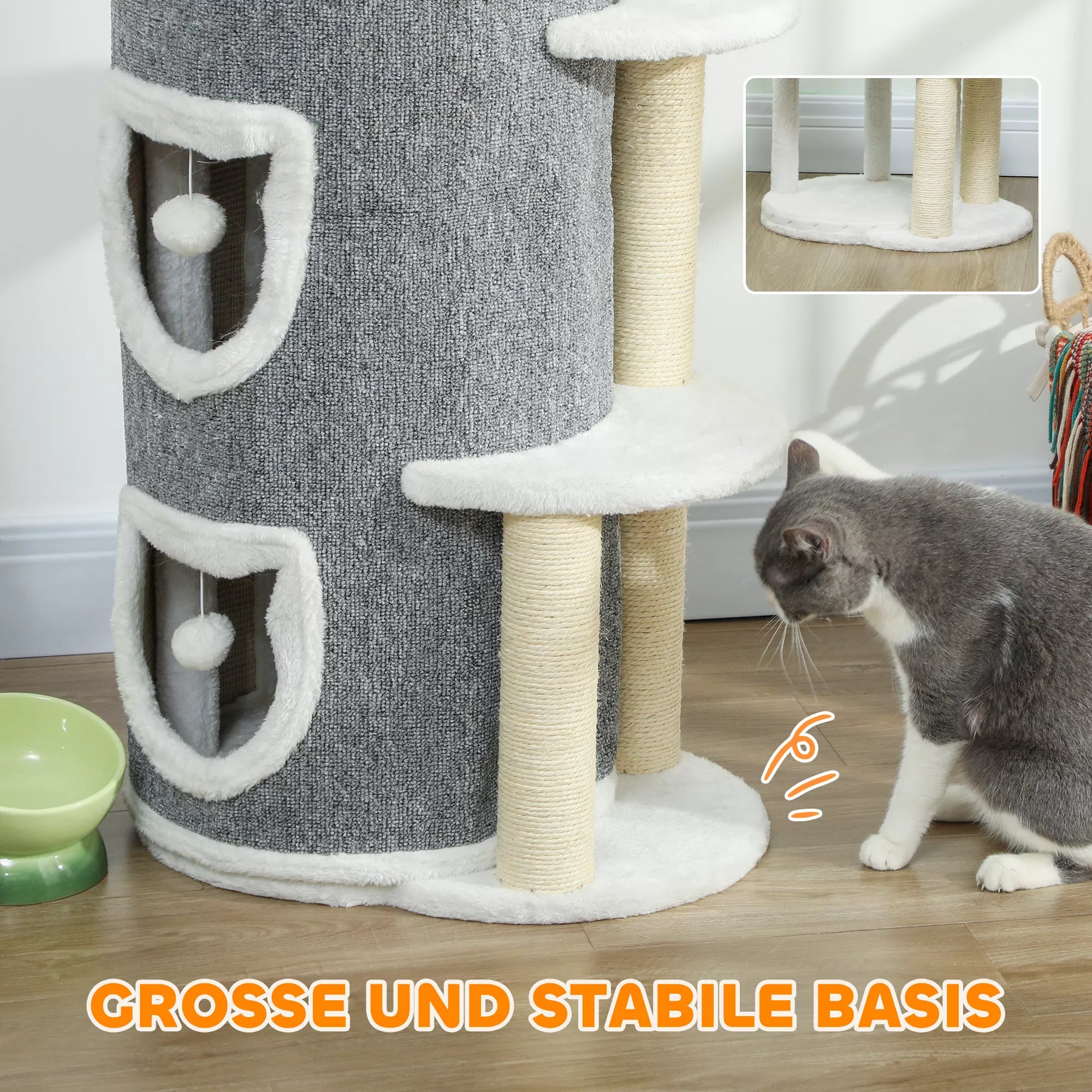 101 cm kaķu tornis, 3 līmeņi, 3 guļamvietas, rotaļu bumbiņas, skrāpējamais stabs, sizala materiāls, skaidu plāksne, pelēks
