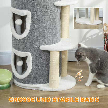 101 cm kaķu tornis, 3 līmeņi, 3 guļamvietas, rotaļu bumbiņas, skrāpējamais stabs, sizala materiāls, skaidu plāksne, pelēks