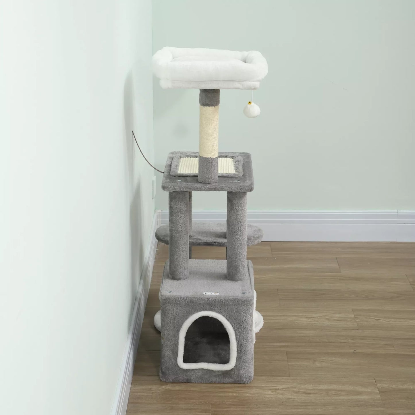 107 cm kaķu māja, kaķu tornis ar alu, 2 plīša bumbiņas, sizala stieņi, liela platforma, 55x40x107 cm, pelēka