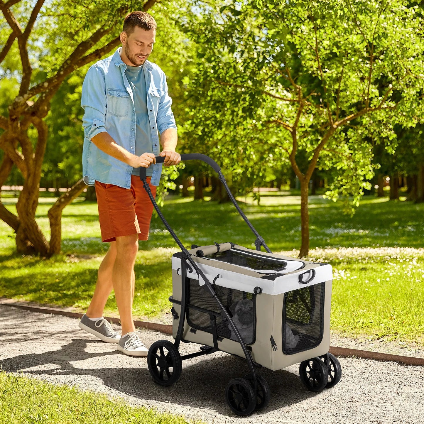 Šunų vežimėlis augintiniams, sulankstomas, su nuimamu krepšiu, 81 x 58 x 97,5 cm, juoda+chaki+balta