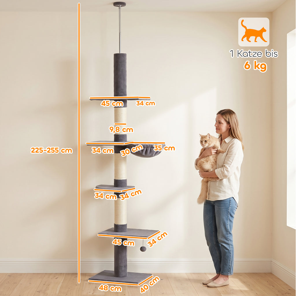 Draskyklė iki lubų 225–255 cm, 5 lygių, su 3 sizalio stulpais ir hamaku, katei iki 6 kg, tamsiai pilka